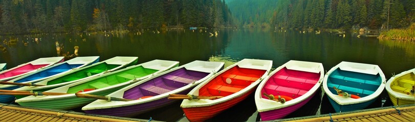 many colorful boats on the edge of the lake