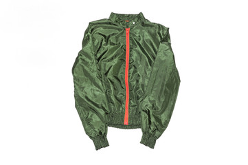 Raincoat jacket in green isolated on white background. Sports clothing. Windbreaker. Outerwear