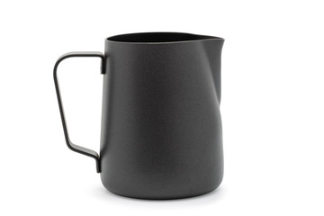 Black stainless steel milk jug.Black stainless steel milk pitcher. Foaming jug for latte art. Barista kit. Mug Isolated on White background. with clipping path.