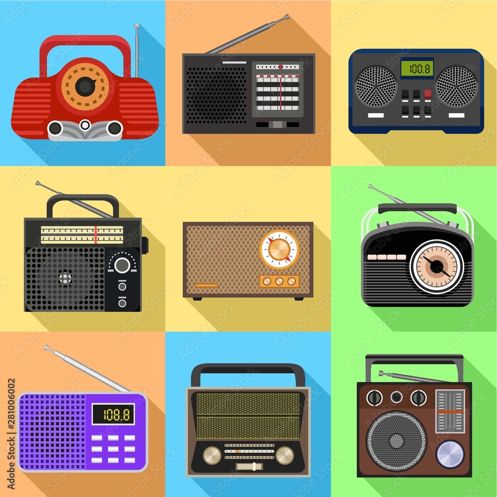 Poster radio icon set. flat set of 9 radio vector icons for web design isolated on white background