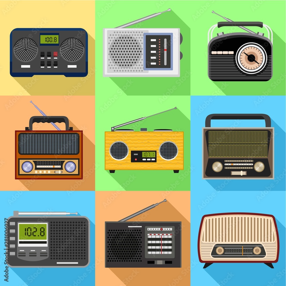 Poster portable radio icon set. flat set of 9 portable radio vector icons for web design isolated on white 