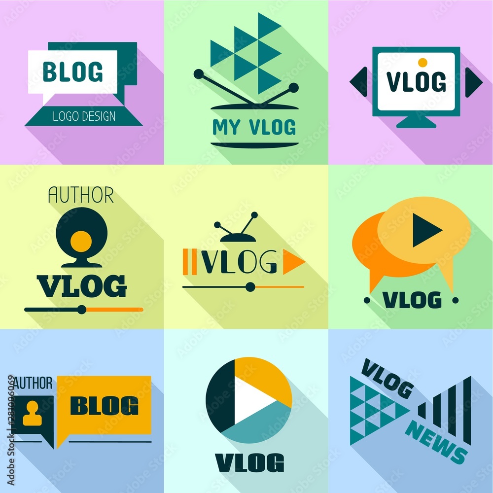 Poster video blog logo set. flat set of 9 video blog vector logo for web design isolated on white backgroun