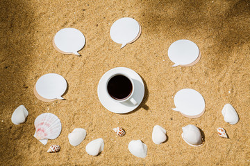 Coffee with note paper and seashell