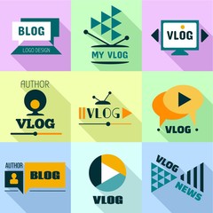 Video blog logo set. Flat set of 9 video blog vector logo for web design isolated on white background