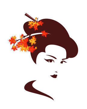 japanese geisha with autumn maple leaves in traditional hair style - beautiful asian woman fall season vector portrait