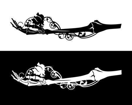 human skeleton hand holding rose flower black and white vector silhouette design