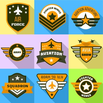 Air force logo set. Flat set of 9 air force vector logo for web design isolated on white background