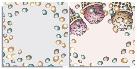 Vector hand drawn postcard pattern with ice cream flavor cherry, strawberry, orange. Dessert ornament with ice cream and scattered small chocolate. Good for menu cover, print design, postcard