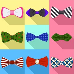 Colorful bow tie icon set. Flat set of 9 colorful bow tie vector icons for web design isolated on white background