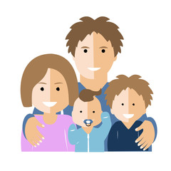Flat vector illustration with parents and children isolated on white. Mother, father and two sons family couple.