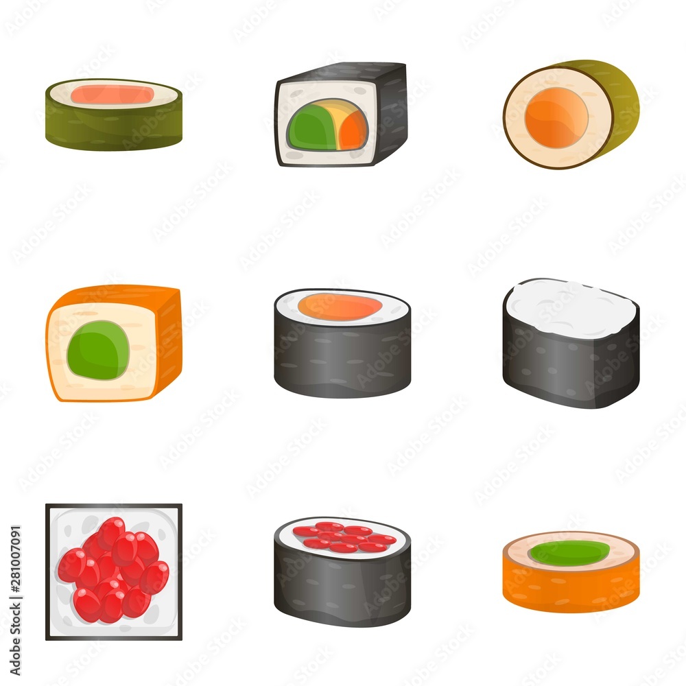 Poster sushi roll icon set. cartoon set of 9 sushi roll vector icons for web design isolated on white backg