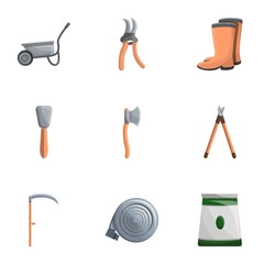 Garden work tools icon set. Cartoon set of 9 garden work tools vector icons for web design isolated on white background