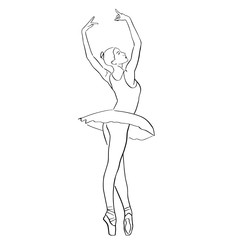 Ballerina in ballet tutu and pointe shoes on her toes. Classical dancer silhouette in elegant pose. Hand drawn outlines. Black lines drawing. Abstract vector isolated contour.