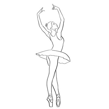 Ballerina in ballet tutu and pointe shoes on her toes. Classical dancer silhouette in elegant pose. Hand drawn outlines. Black lines drawing. Abstract vector isolated contour.