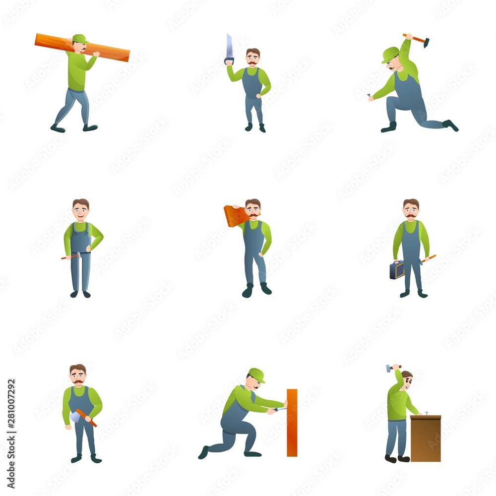 Poster carpenter icon set. cartoon set of 9 carpenter vector icons for web design isolated on white backgro