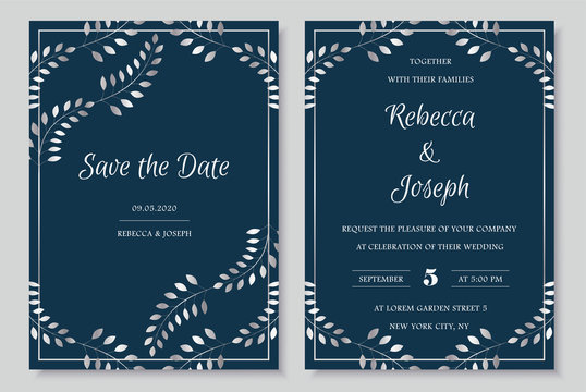 Wedding invitation collection with save the date card vector templates. Elegant invitations set with silver floral motives and dark blue background.
