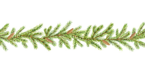 Watercolor vector Christmas garland with fir branches and place for text.