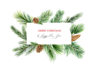 Fototapeta na wymiar Watercolor vector Christmas banner with fir branches and place for text.