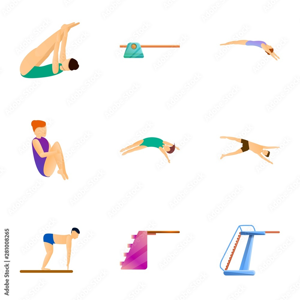 Poster diving board jump icon set. cartoon set of 9 diving board jump vector icons for web design isolated 