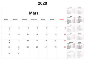 2020 a monthly calendar  with white background in German.