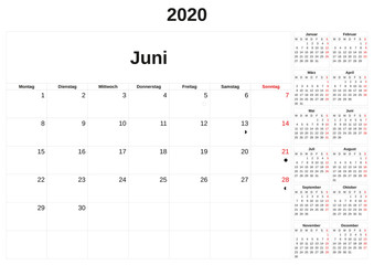 2020 a monthly calendar  with white background in German.