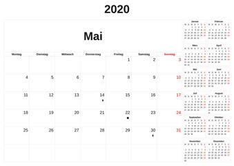 2020 a monthly calendar  with white background in German.