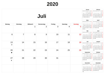 2020 a monthly calendar  with white background in German.