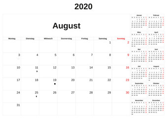 2020 a monthly calendar  with white background in German.