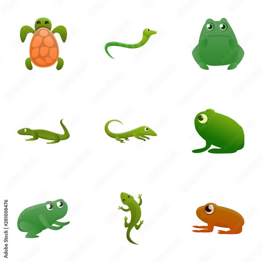 Poster green reptile icon set. cartoon set of 9 green reptile vector icons for web design isolated on white