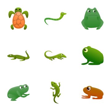 Green reptile icon set. Cartoon set of 9 green reptile vector icons for web design isolated on white background