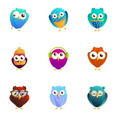 Colorful birds icon set. Cartoon set of 9 colorful birds vector icons for web design isolated on white background