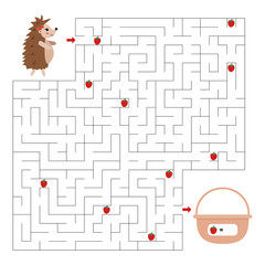Maze game for kids. Help the hedgehog find right way to her basket. How many strawberries she found. Vector cartoon character. Educational worksheet.