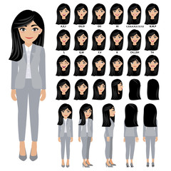 Cartoon character with business woman in suit for animation. Front, side, back, 3-4 view character. Separate parts of body. Flat vector illustration.