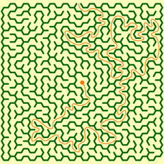 Hexagonal maze in form of square with solution. Vector.