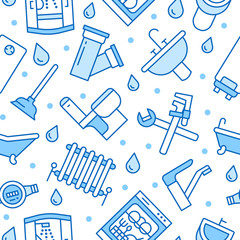 Plumbing service vector seamless pattern with flat line icons of house bathroom equipment, faucet toilet, washing machine, dishwasher. Plumber repair illustration, thin linear signs, handyman service