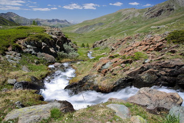 The valley Aigle Blanche (close to Saint Veran) viewed from the path leading to Refuge de la Blanche, with a torrent in the foreground, Queyras Regional Natural Park, Southern Alps, France