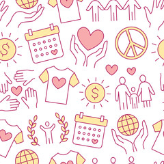Charity vector seamless pattern with flat line icons. Donation, nonprofit organization, NGO, giving help illustrations. Pink white color background, wallpaper for donating, volunteer community poster