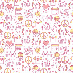 Charity vector seamless pattern with flat line icons. Donation, nonprofit organization, NGO, giving help illustrations. Pink white color background, wallpaper for donating, volunteer community poster