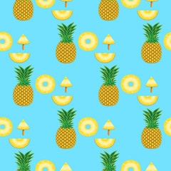 Pineapple seamless patternon a blue background for your design. Vector illustration