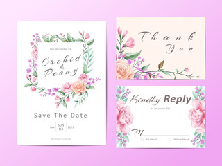 Fototapeta na wymiar Cute floral wedding invitation cards template set. Watercolor flowers frame geometric shape