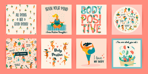Fototapeta premium Body positive. Vector templates. Happy plus size girls and active healthy lifestyle.