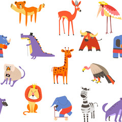 Wild African animals and birds seamless pattern wildlife and nature