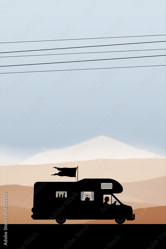 Poster cartoon retro car on road in autumn. vector illustration with silhouette of man traveling in camper.