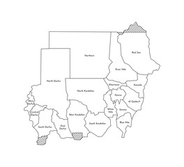 Vector isolated illustration of simplified administrative map of Sudan. Borders and names of the regions. Black line silhouettes