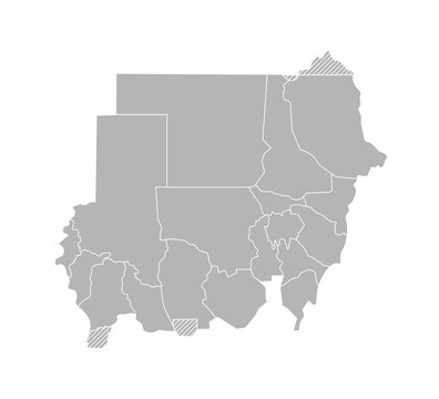 Vector isolated illustration of simplified administrative map of Sudan. Borders of the provinces (regions). Grey silhouettes. White outline