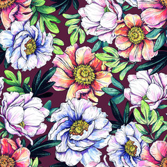 Floral seamless pattern. Hand drawing with watercolor and graphics.