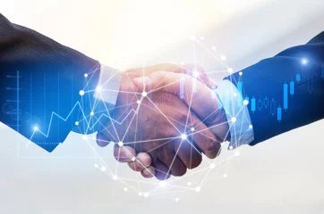 Foto op Plexiglas Deal. business man shaking hands with effect global network link connection and graph chart of stock market graphic diagram, digital technology, internet communication, teamwork, partnership concept © Vittaya_25
