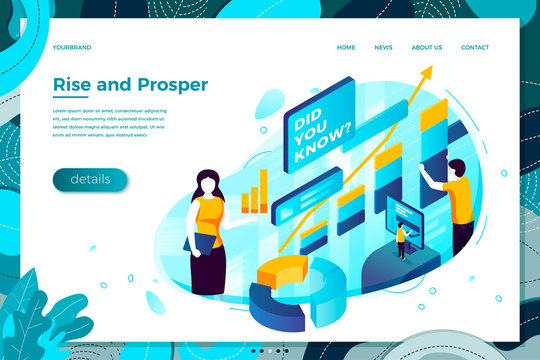 Vector Illustration -  Online Girl Asking Did You Know And Rise And Prosper Charts. Modern Bright Banner, Site Template With Place For Your Text.