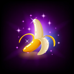 Bright yellow banana fruit with sparkles, slot icon for online casino or logo for mobile game on dark purple background, vector illustration.