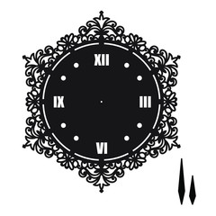 Simple clock face with roman numerals. Vector template of silhouette. Dial for laser cut, wood carving, die cut pattern. Illustration isolated on white background. Openwork stencil with lace ornament.